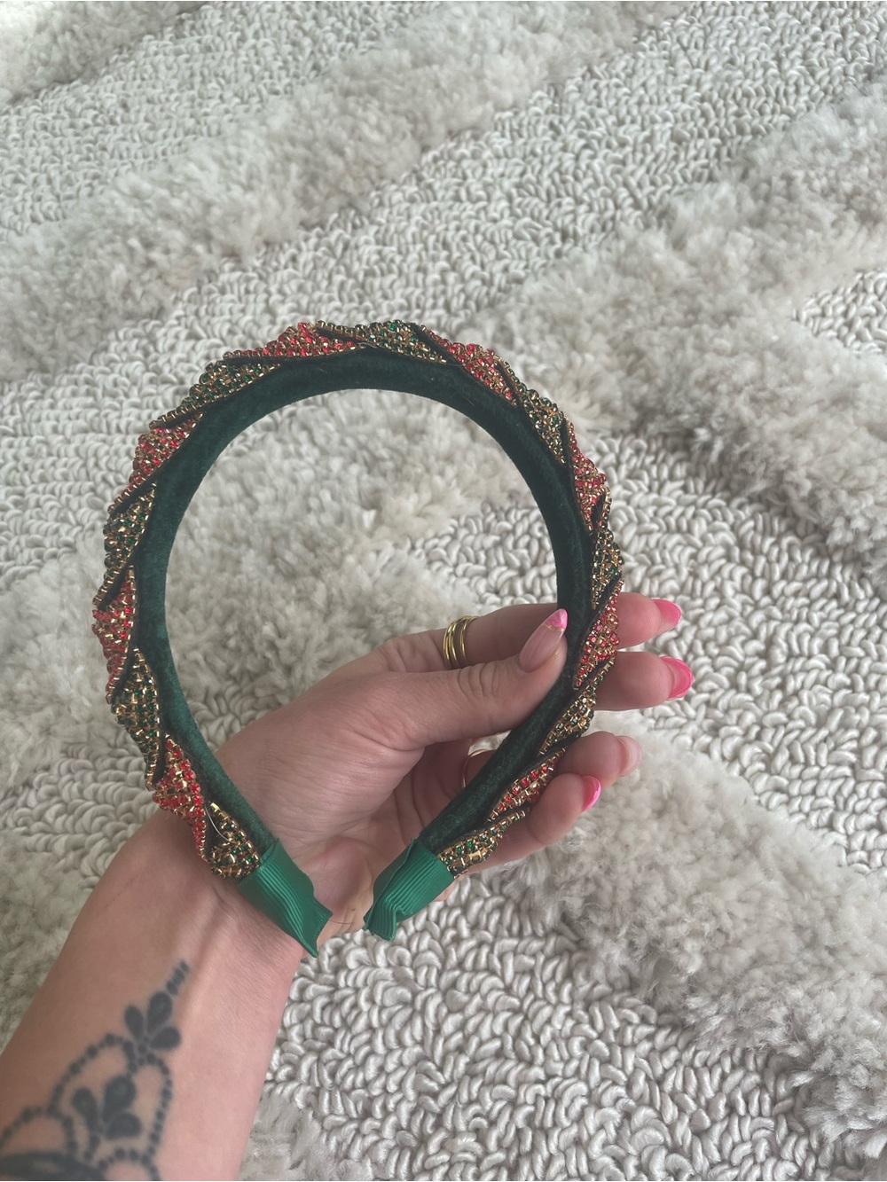 Embellished Green and Red Beaded Headband - Women's Accessory